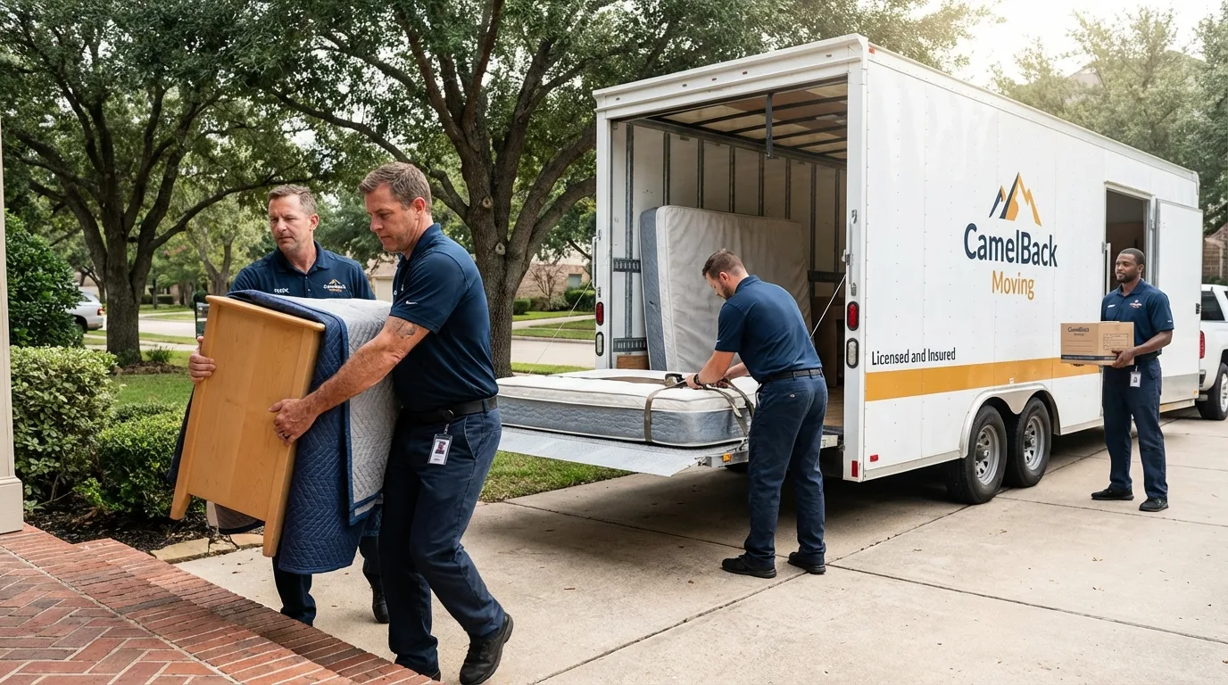 Crew loading residential truck for cross-state move from La Luz, NM