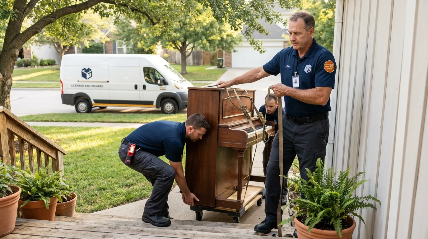 Licensed piano movers securing grand piano in La Luz, NM
