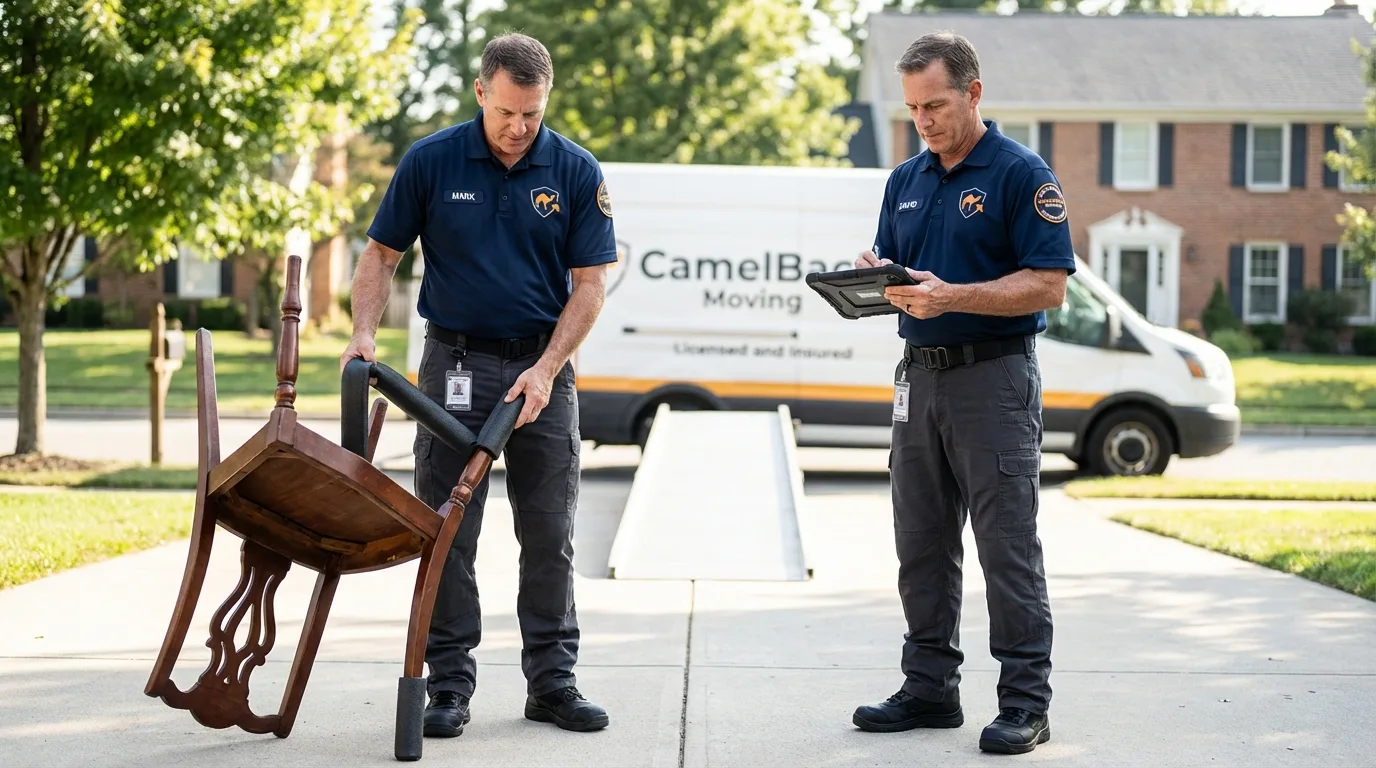 Movers inspecting furniture for damage prevention before loading in La Luz, NM