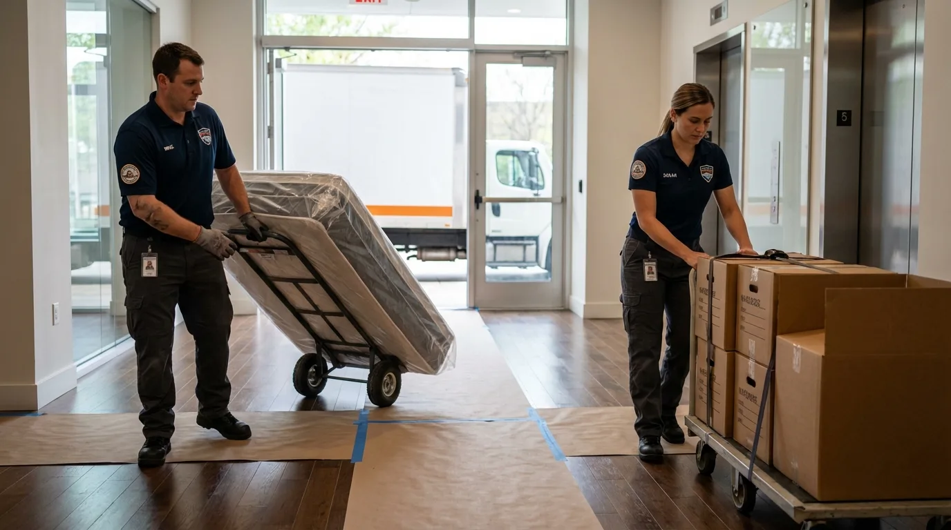 Professional apartment movers loading elevator in La Luz, NM