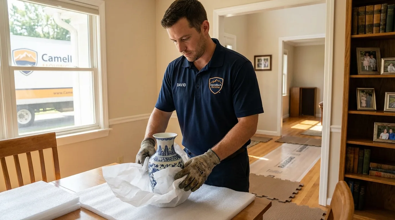 Professional crew carefully wrapping antique vase for senior downsizing move in La Luz, NM
