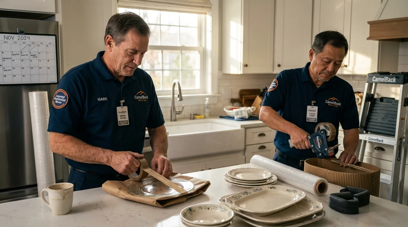 Professional crew packing kitchen dishware in La Luz, NM
